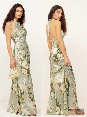 Reformation Veria Silk Sage Green Floral Halter Maxi Dress 100% silk